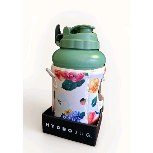 HYDROJUG Water Hydration Bottle Green with Floral Print Sleeve & Straw 73 Oz NEW - Picture 2 of 7